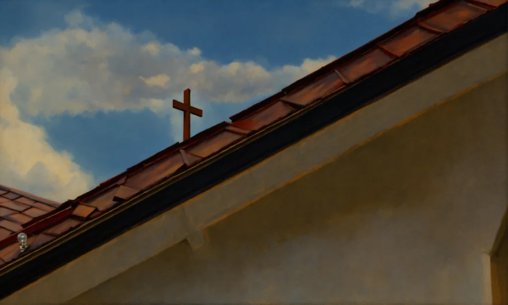 oil painting of a church roof cross